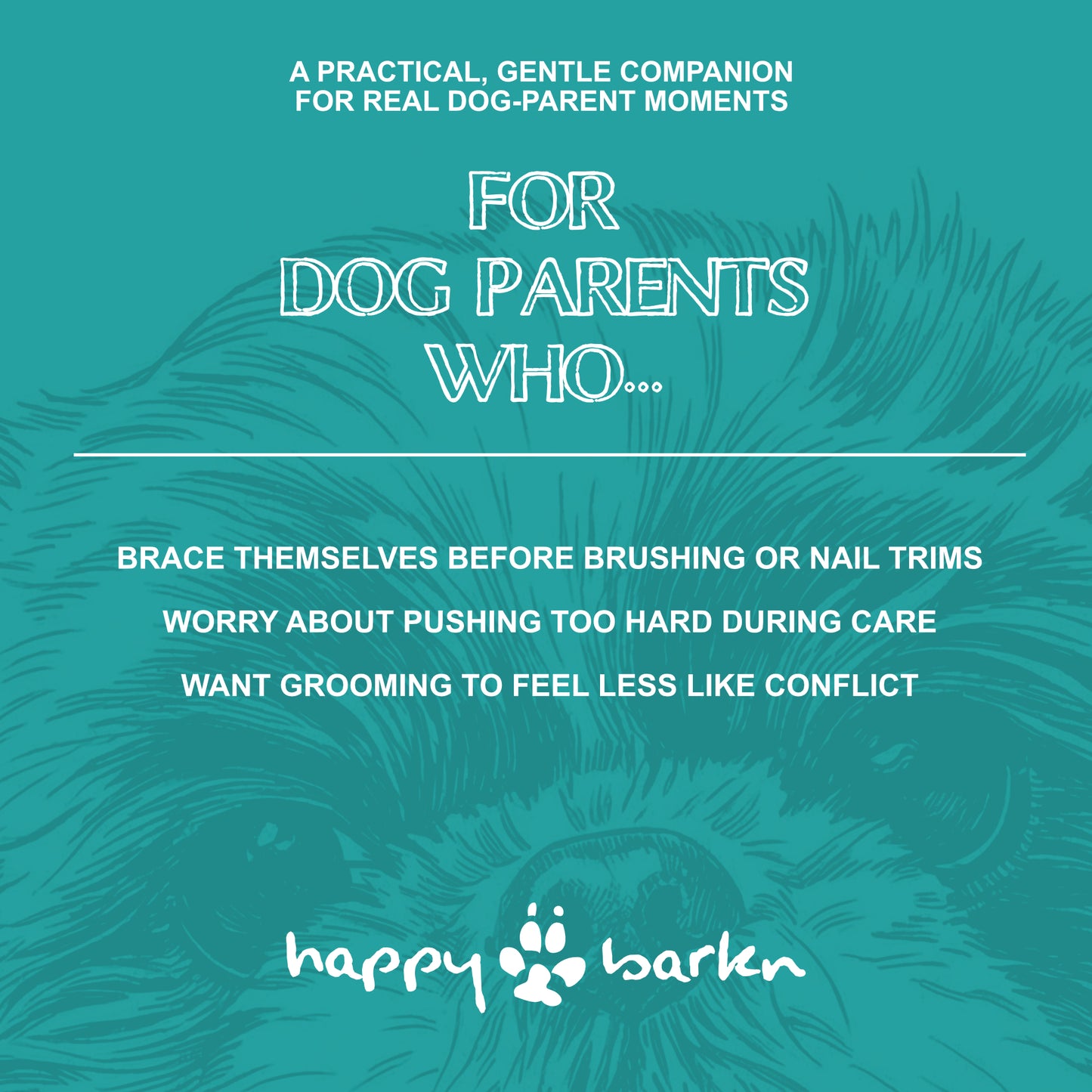 Teal background with white text about dog grooming and Happy Barden logo