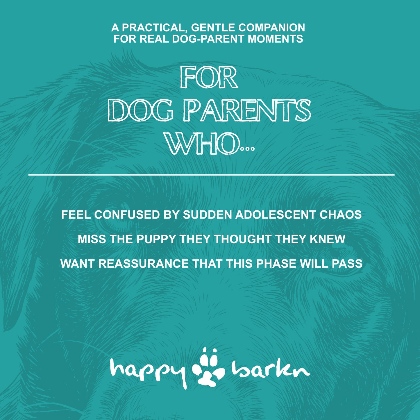 Teal background with dog fur texture and text about dog parents' challenges, featuring the 'happy barken' brand.