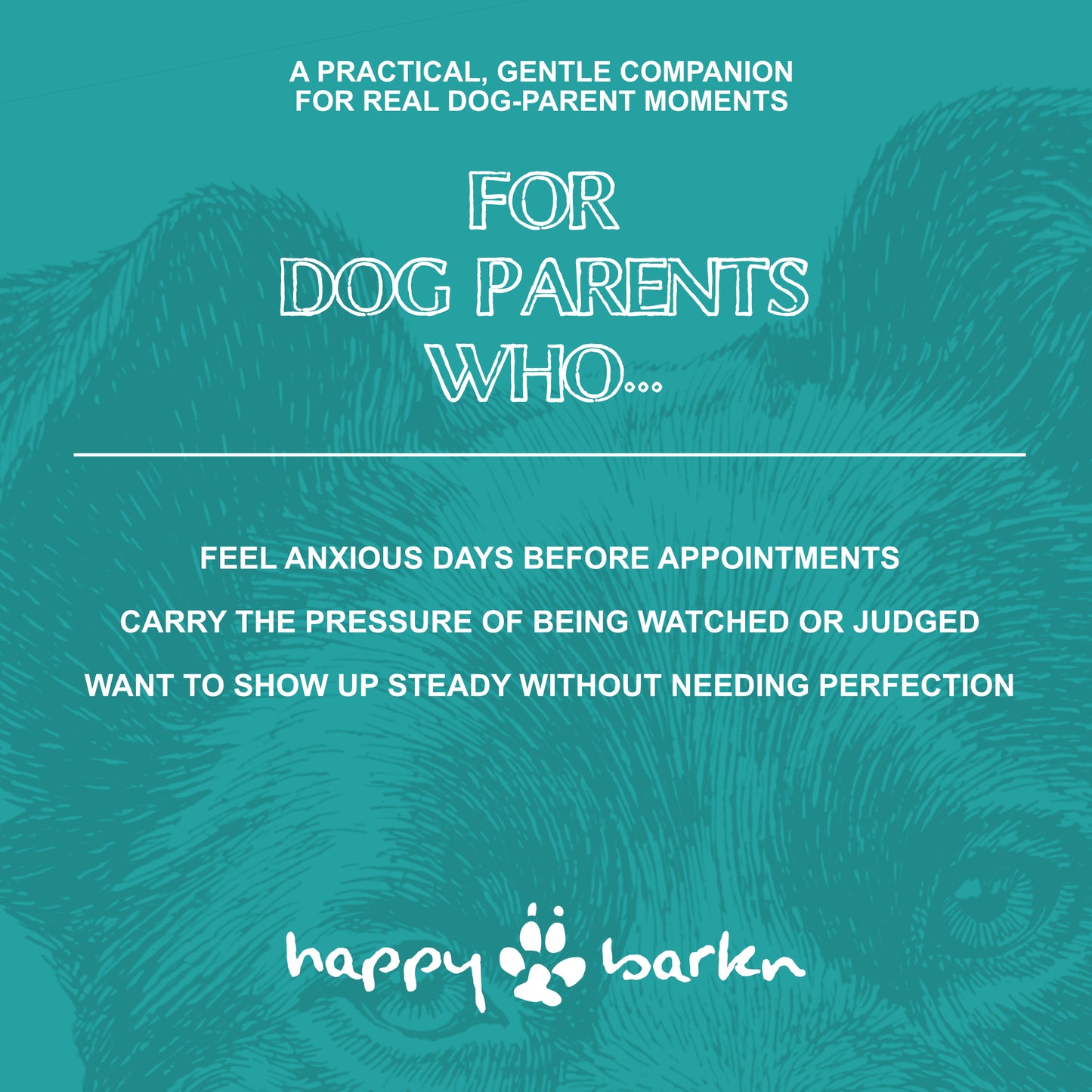 Teal background with white text and 'happy barken' logo
