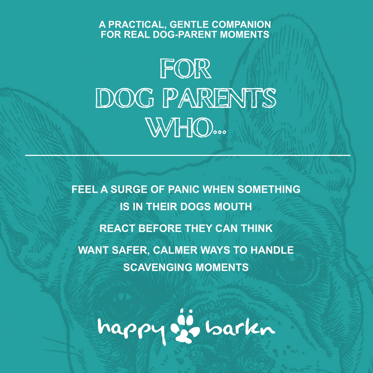 Teal background with dog illustration and text about 'happy barden' for dog parents.