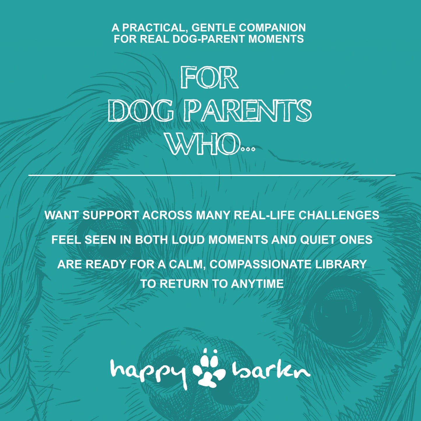 Teal background with dog paw illustration and text about 'happy barken' for dog parents.