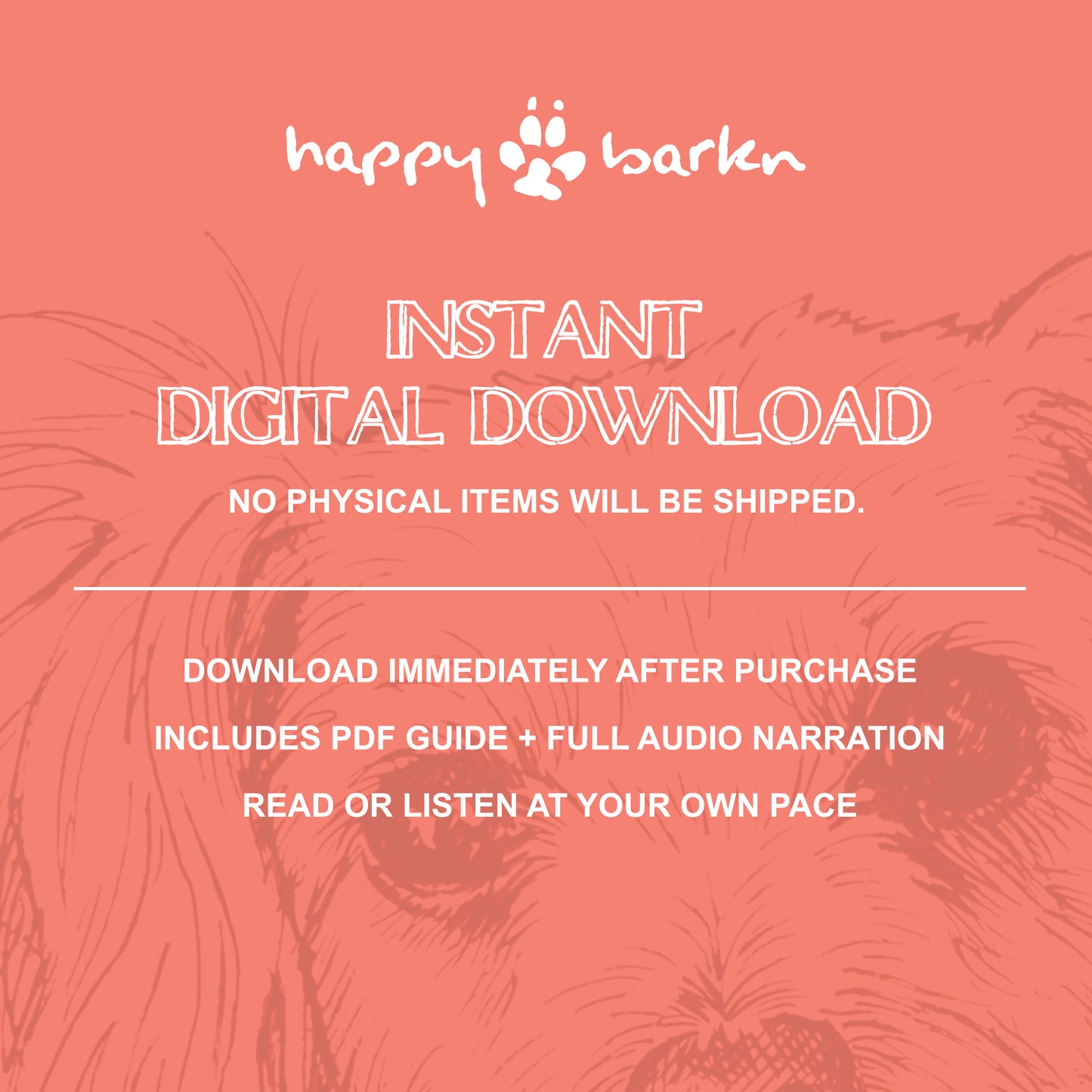 Promotional graphic for 'happy barken' with text about instant digital download on a pink background with dog illustrations.