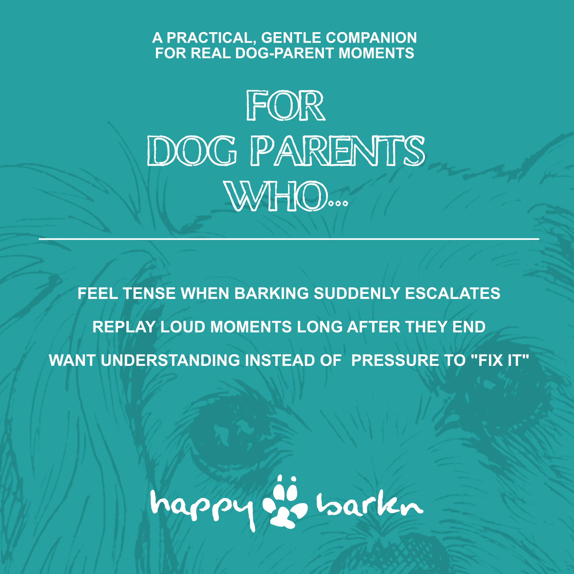 Teal background with dog illustration and text about 'happy barken' product for dog parents.