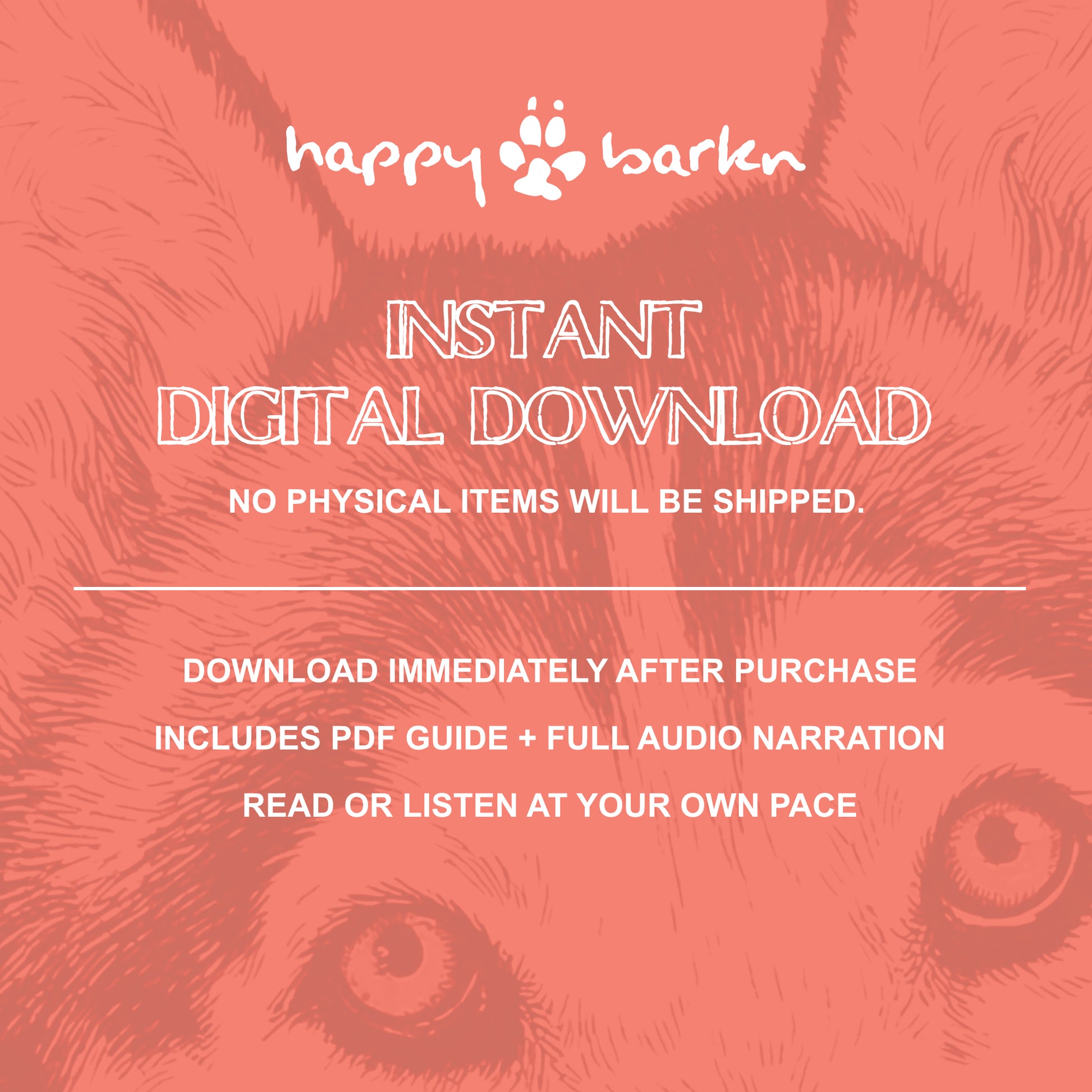 Digital download promotion with 'happy barken' branding on a pink background with dog illustration.