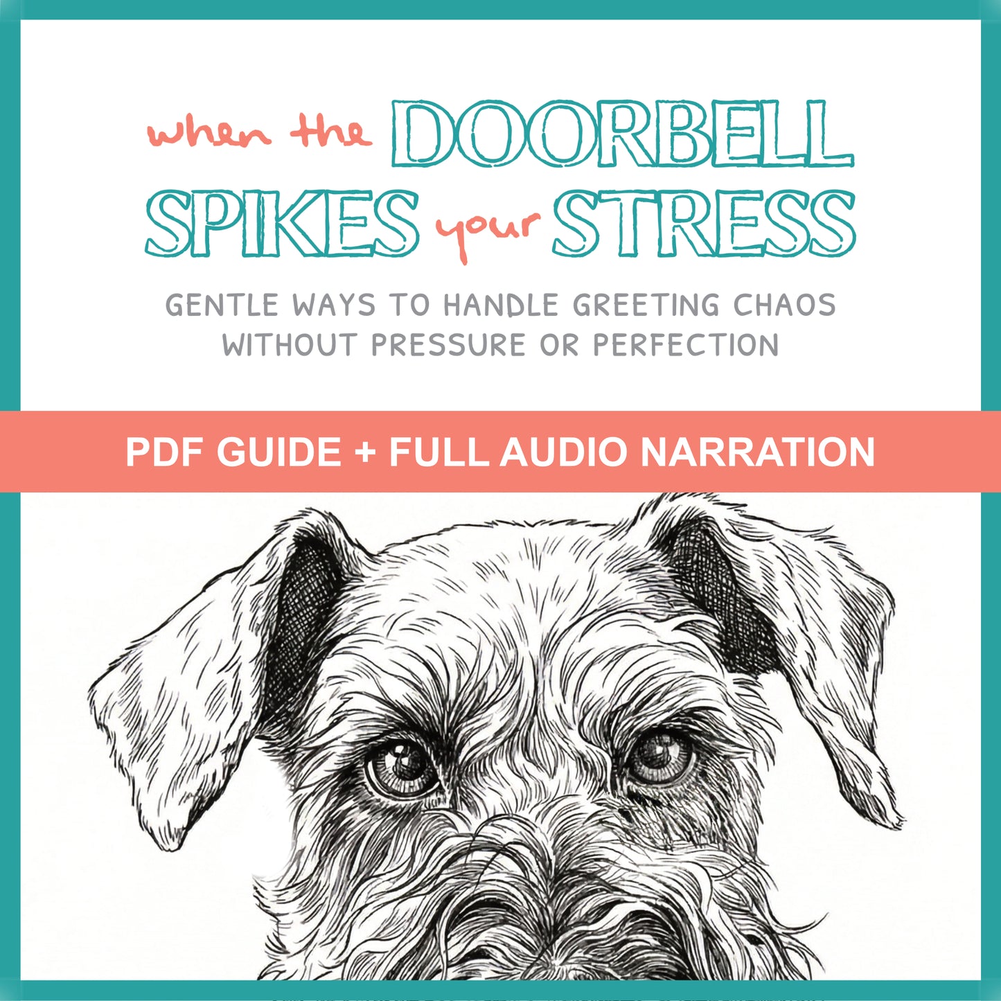 Book cover with a dog illustration and text about handling stress with gentle greetings.