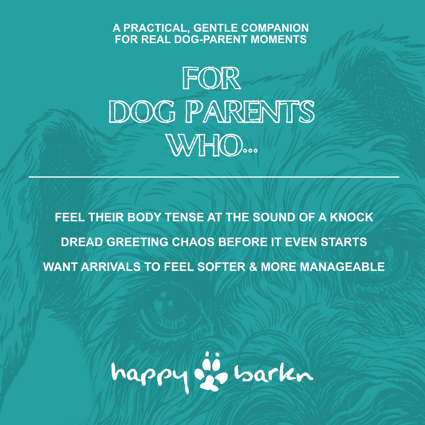Teal background with dog illustration and text about dog parents' experiences, featuring the Happy Haler brand.