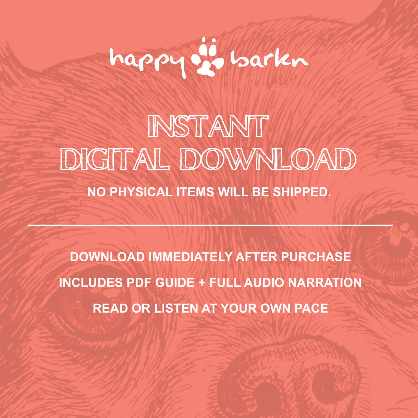 Promotional graphic for 'happy barken' instant digital download with paw print design.