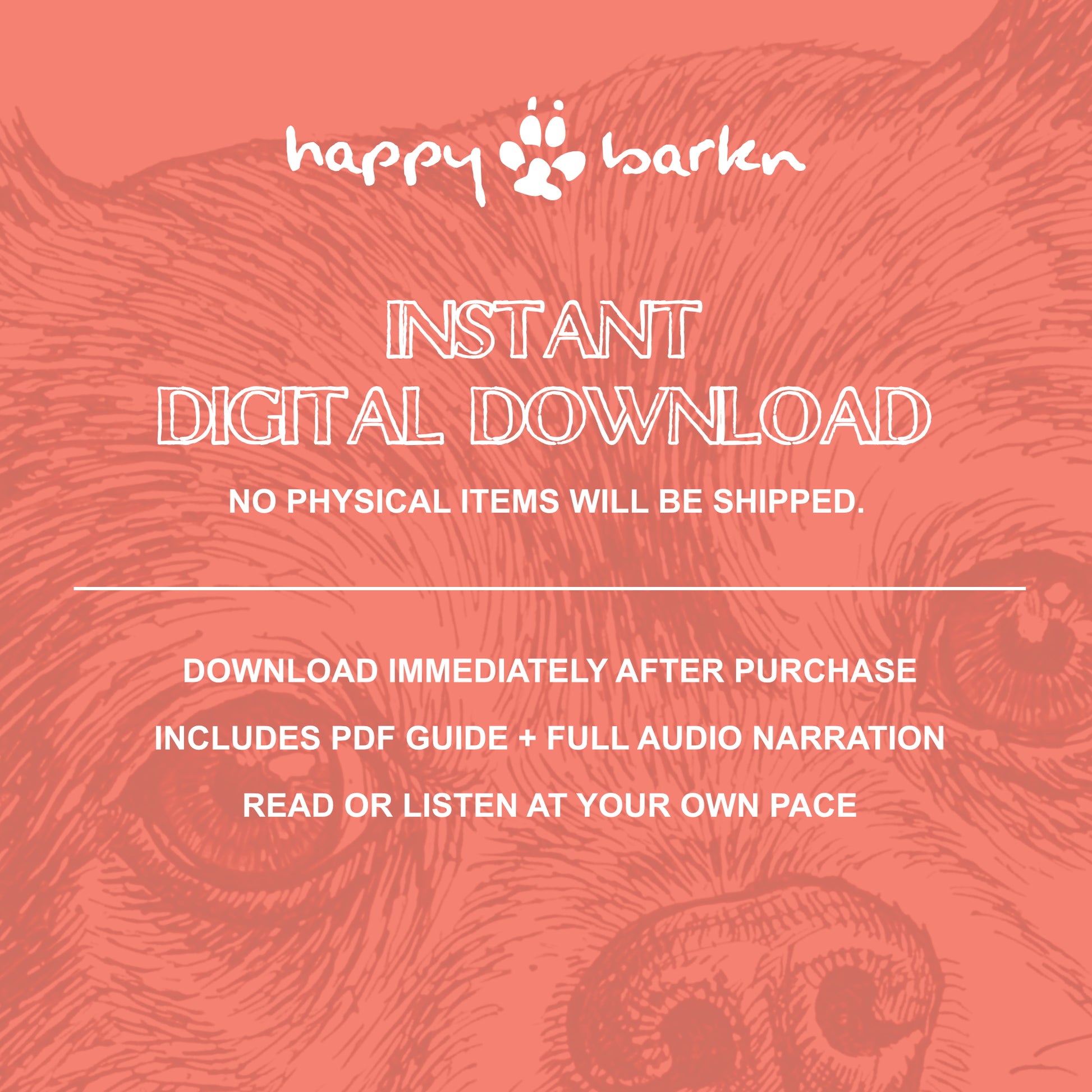 Promotional graphic for 'happy barken' instant digital download with paw print design.