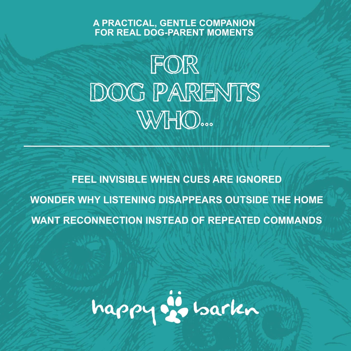 Teal background with dog illustration and text about 'Happy Barken' for dog parents