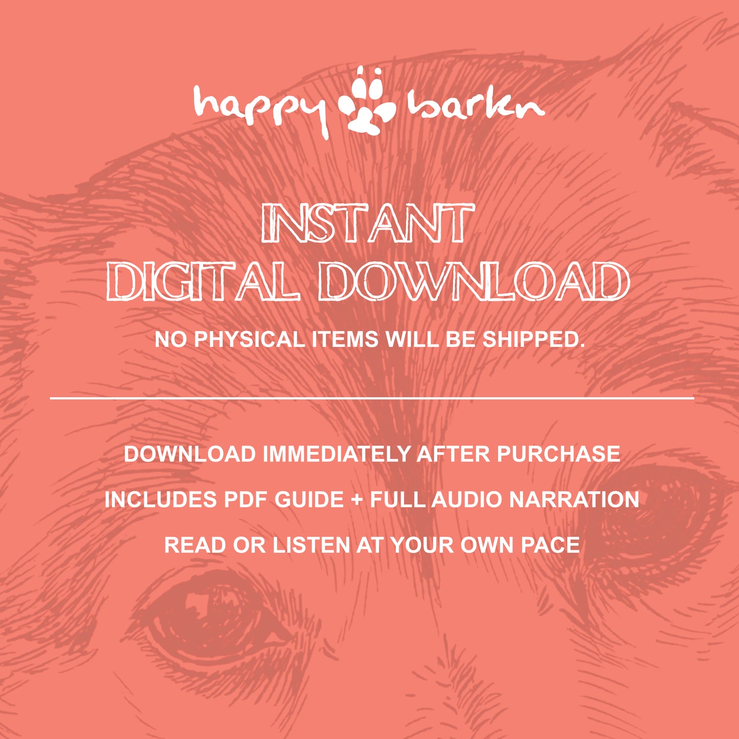 Promotional graphic for 'happy barken' digital download with dog illustration on a pink background