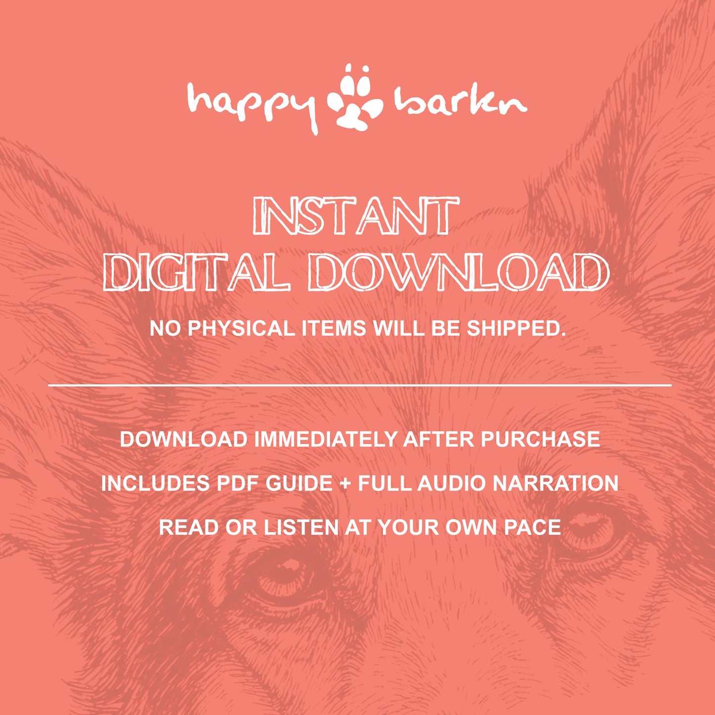 Promotional graphic for 'happy barken' digital download with a dog's face on a pink background.