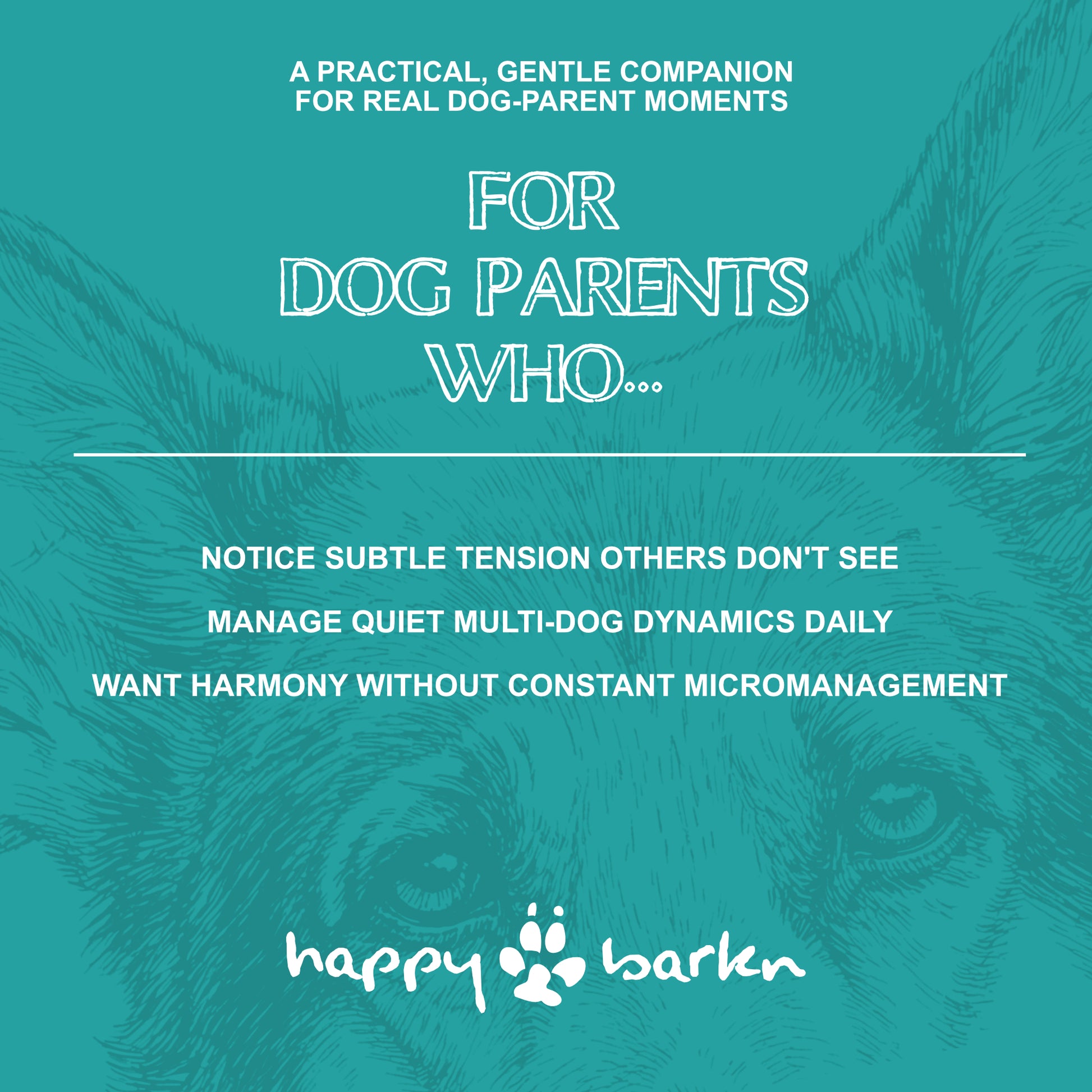 Teal background with dog's face and text about being a practical companion for dog parents, featuring the brand 'happy barden'.