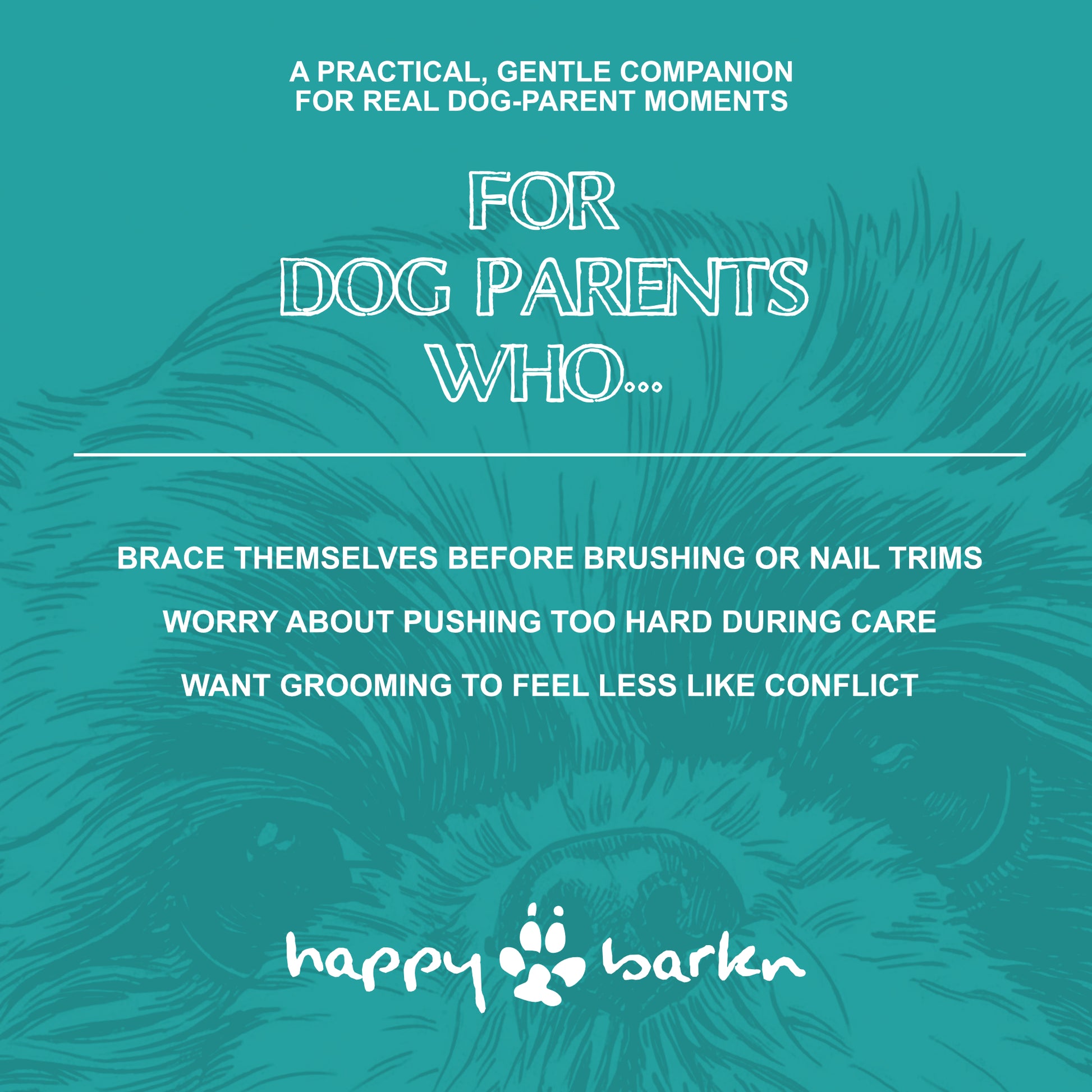 Teal background with white text about dog grooming and Happy Barden logo