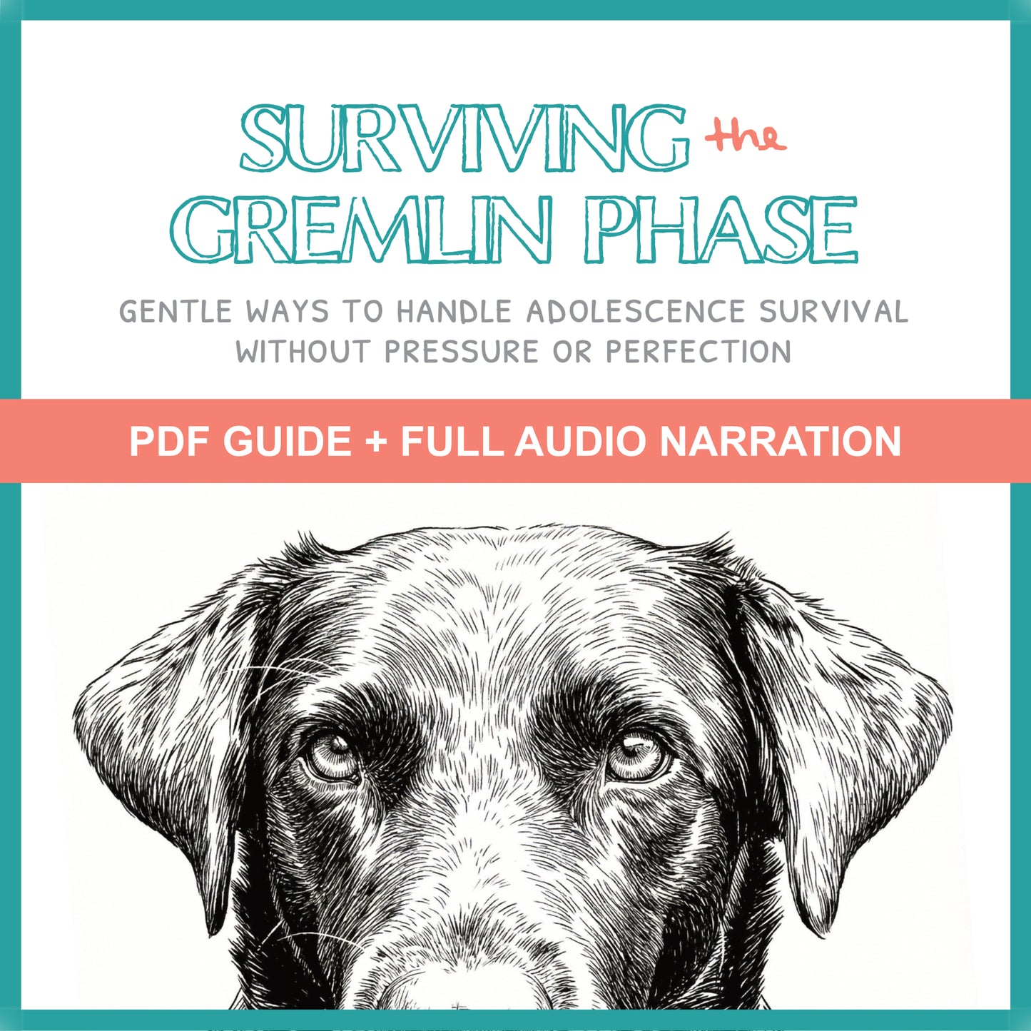 Book cover with a dog illustration and text about surviving adolescence without pressure or perfection.