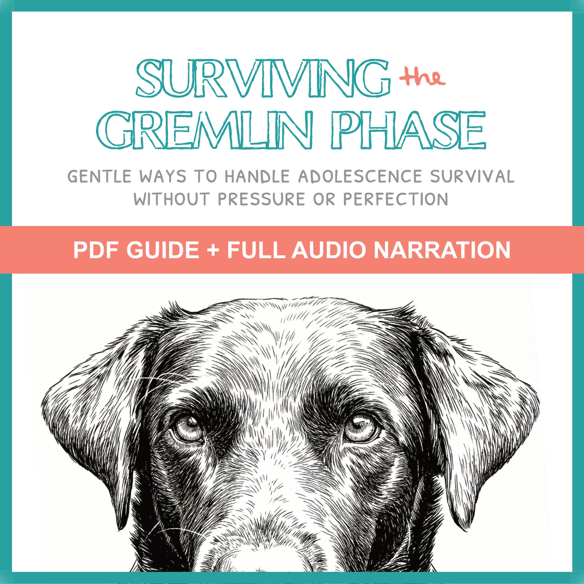 Book cover with a dog illustration and text about surviving adolescence without pressure or perfection.