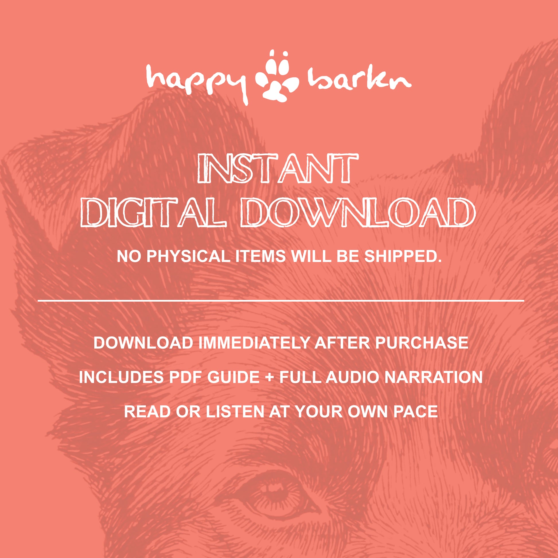 Promotional graphic for 'happy barken' with text about instant digital download on a pink background with dog illustration.