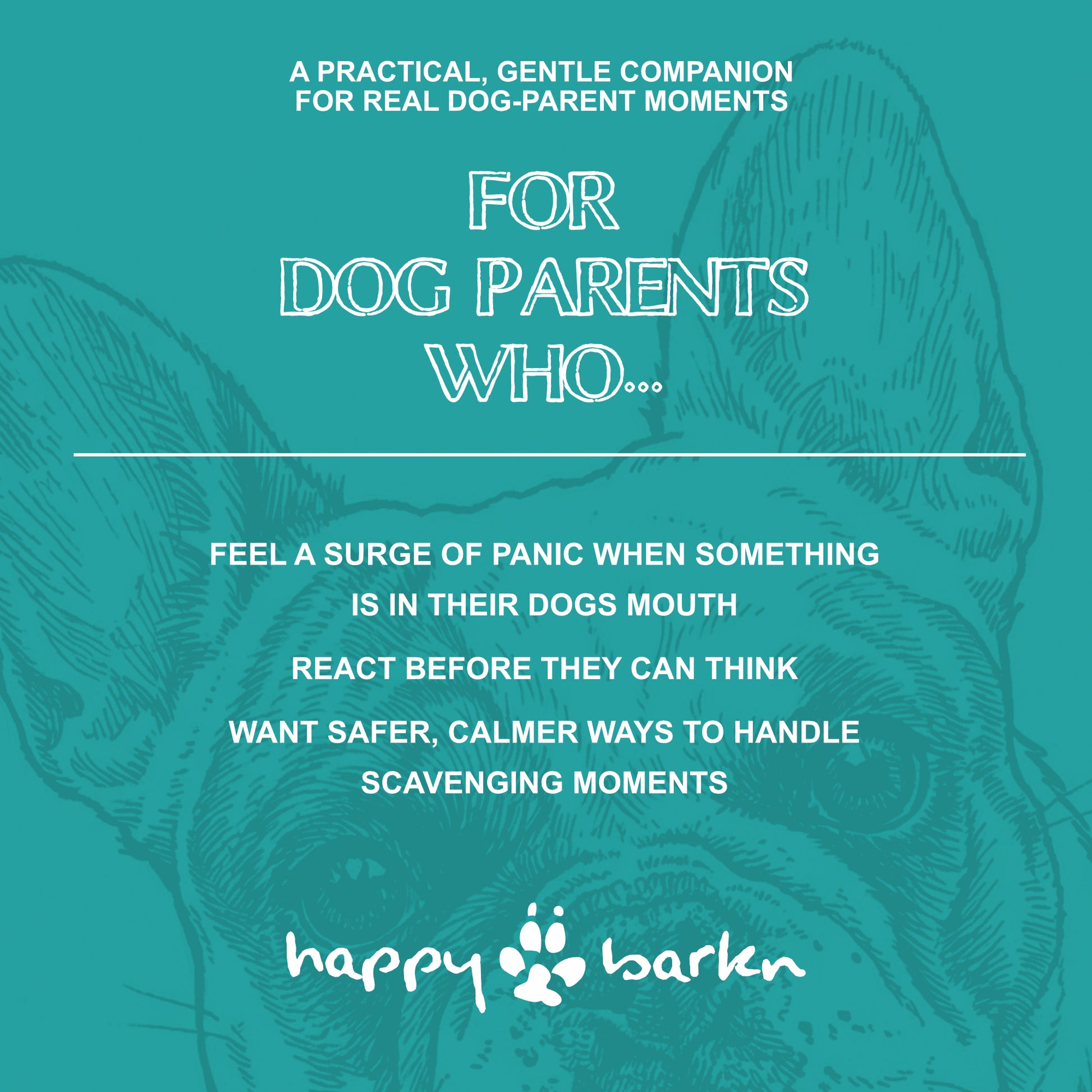 Teal background with dog illustration and text about 'happy barden' for dog parents.