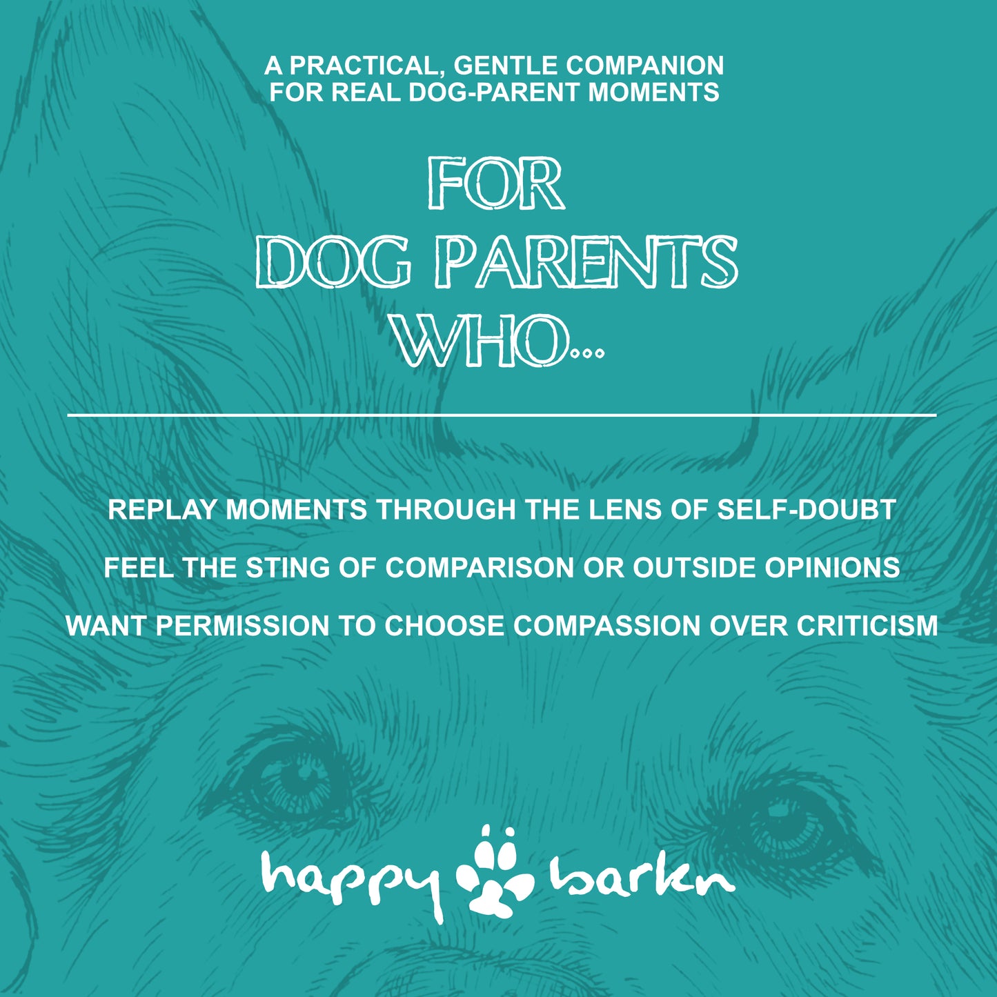 Teal background with dog illustration and text about 'happy barken' product for dog parents.