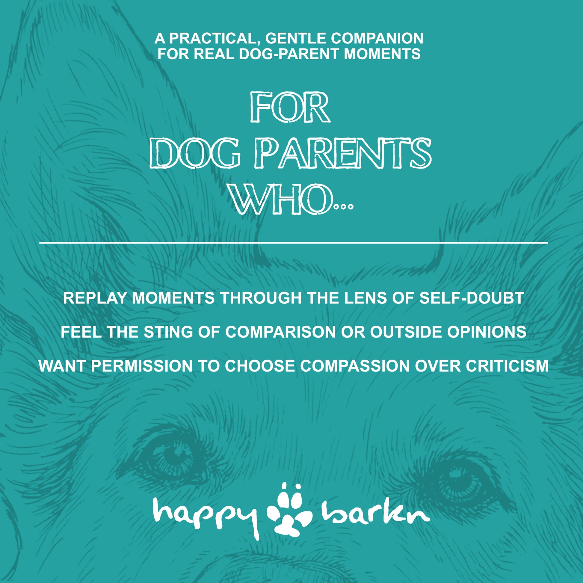 Teal background with dog illustration and text about 'happy barken' product for dog parents.
