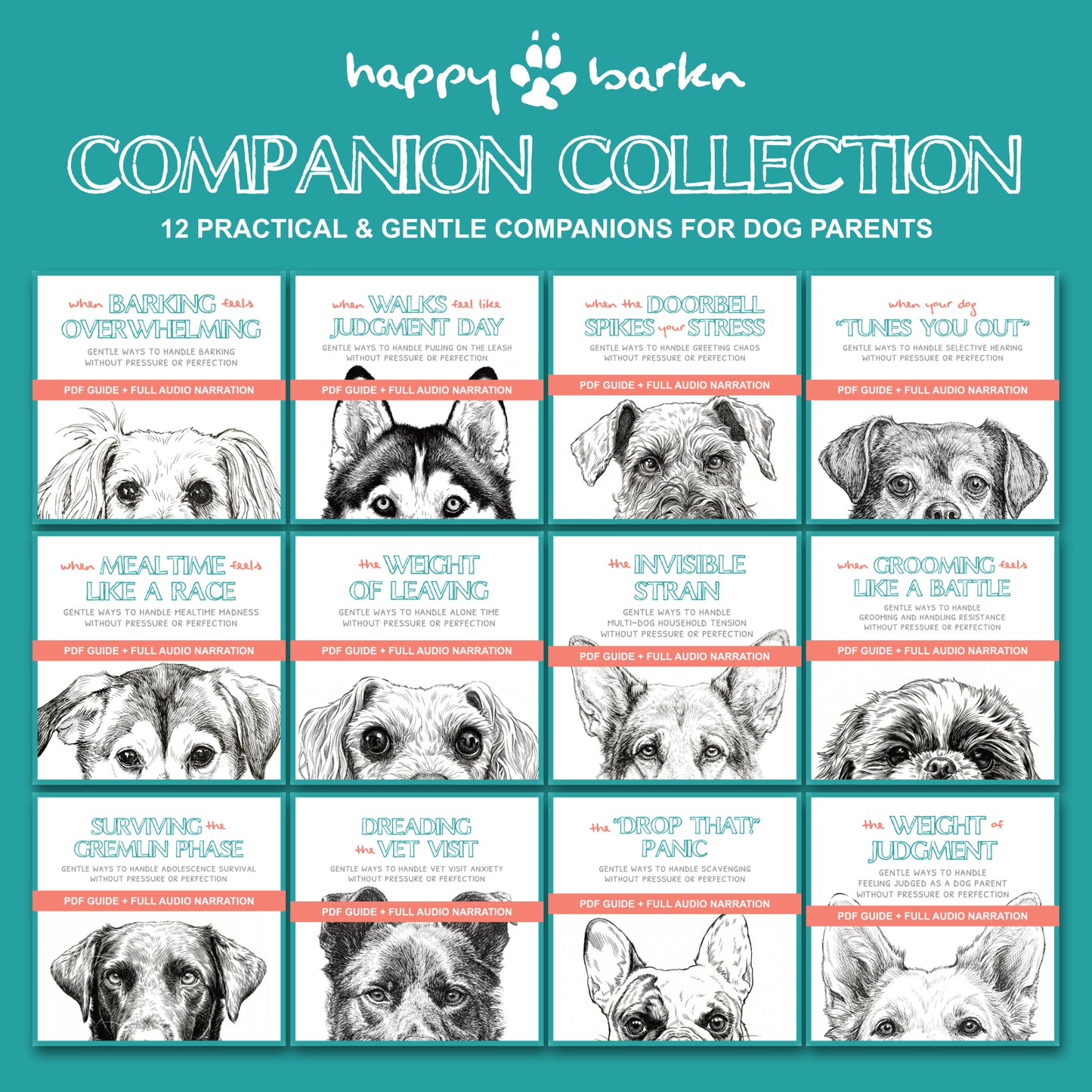 Happy Barken Companion Collection with dog illustrations and text on a teal background
