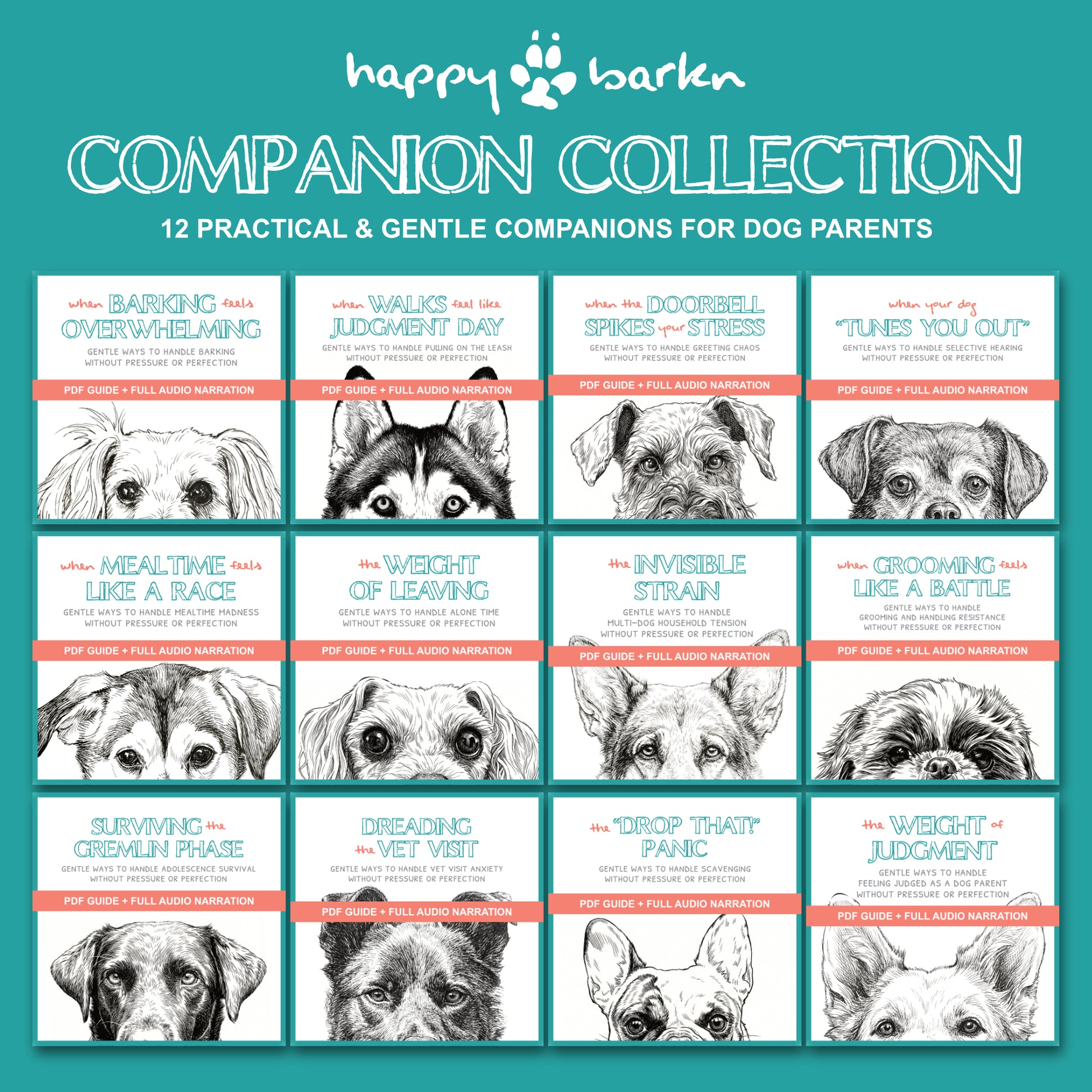 Happy Barken Companion Collection with dog illustrations and text on a teal background
