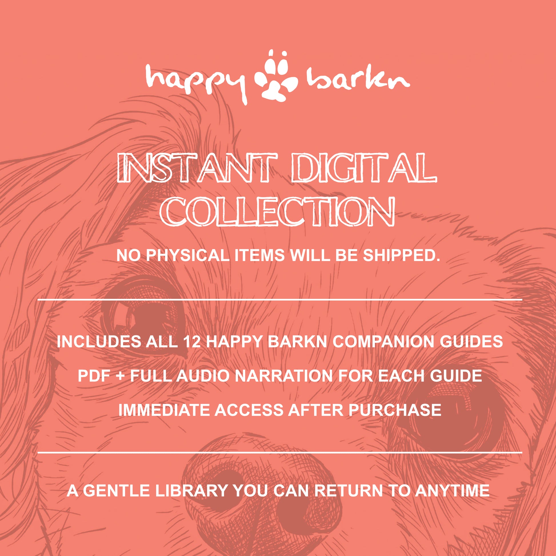 Promotional graphic for Happy Barkn's instant digital collection with paw illustrations on a pink background.
